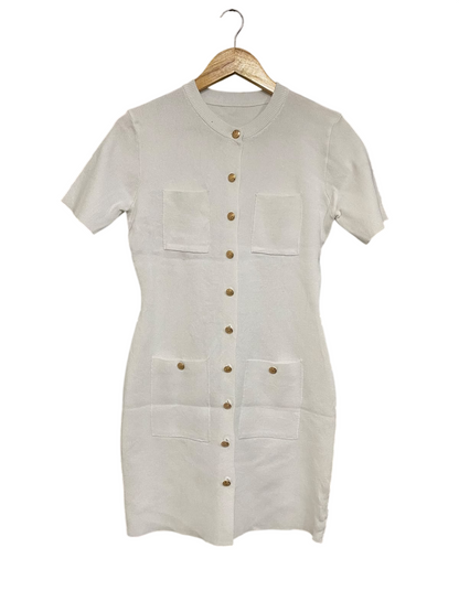 RD |M| BUST 17| A65| WHITE GOLD-BUTTON SHORT-SLEEVE MINI DRESS