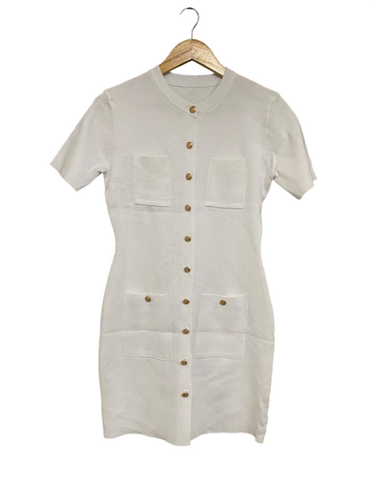 RD |M| BUST 17| A65| WHITE GOLD-BUTTON SHORT-SLEEVE MINI DRESS