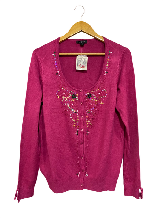 ROCKMANS |XL| BUST 20| A65| MAGENTA EMBELLISHED BUTTON-UP LONG-SLEEVE  CARDIGAN