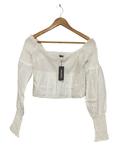BOOHOO |S| BUST 14| A65| WHITE OFF-SHOULDER SMOCKED LONG-SLEEVE  CROP TOP