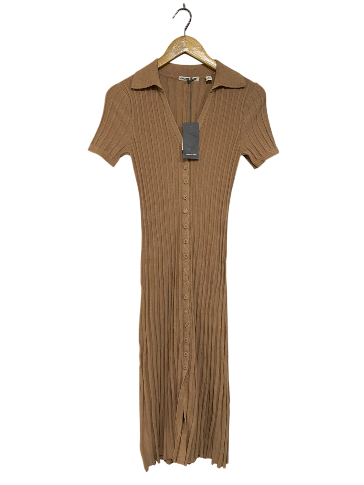 COUNTRY ROAD |XS| BUST 13| A66| CAMEL RIBBED KNIT BUTTON-UP SHORT-SLEEVE  MIDI DRESS