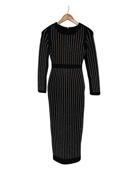 TOXIC ENVY |S| BUST 14| A66| BLACK STUDDED VERTICAL-STRIPE LONG-SLEEVE TECHNICAL UTILITY MIDI DRESS