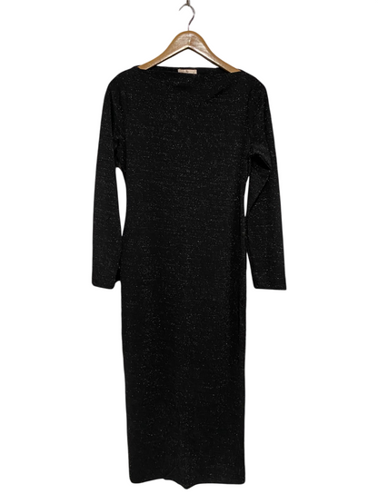 TU WOMAN |M| BUST 17| A66| BLACK SHIMMER BOAT-NECK LONG-SLEEVE TECHNICAL UTILITY MIDI DRESS