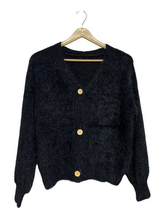 |S| BUST 21| A66| BLACK FUZZY TEXTURED V-NECK BUTTON-UP LONG-SLEEVE  CARDIGAN