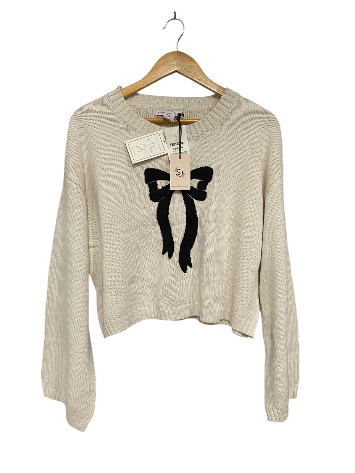 SINCERELY JULES |L| BUST 21| A66| BEIGE AND BLACK BOW-ACCENT CREWNECK LONG-SLEEVE TECHNICAL UTILITY SWEATER