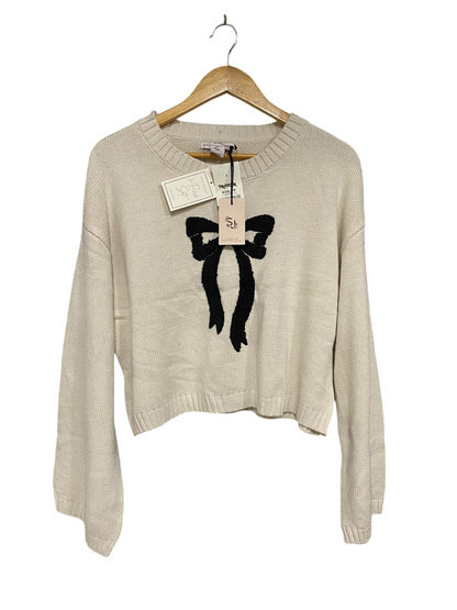 SINCERELY JULES |L| BUST 21| A66| BEIGE AND BLACK BOW-ACCENT CREWNECK LONG-SLEEVE TECHNICAL UTILITY SWEATER