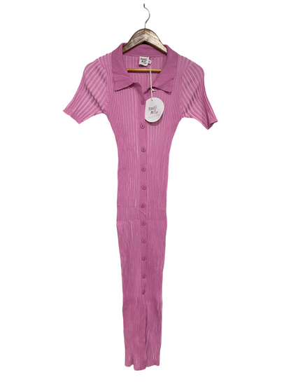 PRINCESS POLLY |M/L| BUST 13| A66| PINK RIBBED KNIT BUTTON-UP SHORT-SLEEVE TECHNICAL UTILITY MIDI DRESS