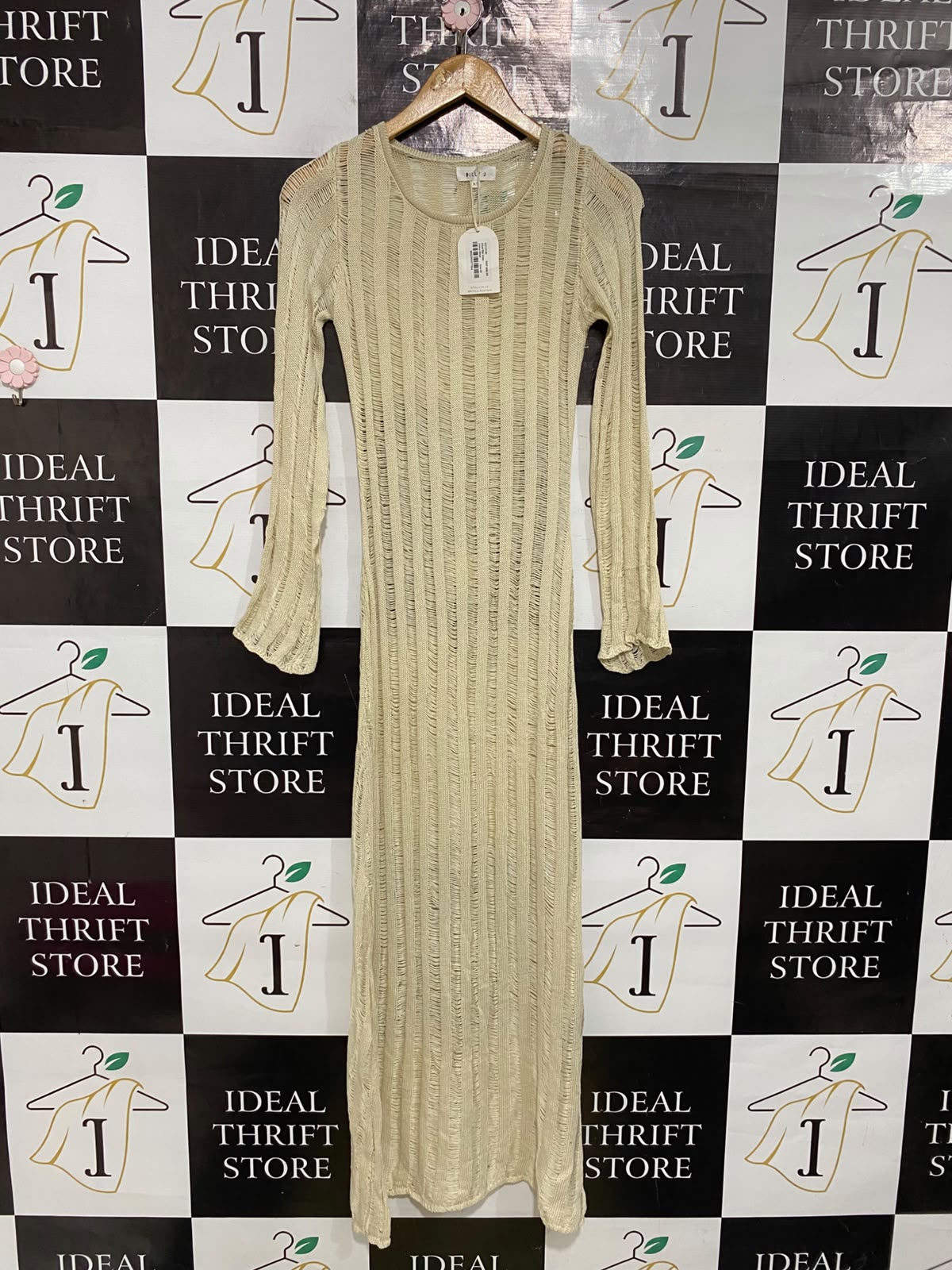 BILLY |XS| BUST 14| A66| BEIGE OPEN-KNIT LONG-SLEEVE TECHNICAL UTILITY MIDI DRESS