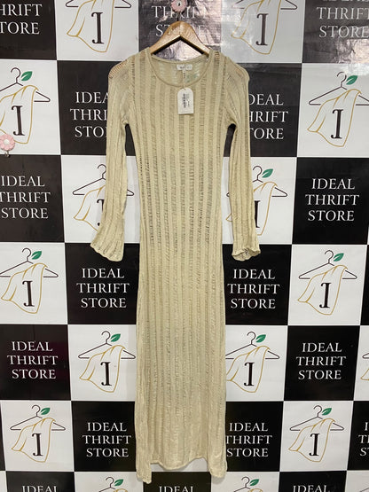 BILLY |XS| BUST 14| A66| BEIGE OPEN-KNIT LONG-SLEEVE TECHNICAL UTILITY MIDI DRESS