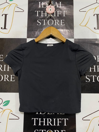 ARDENE |XS| BUST 13| A66| BLACK ROUND-NECK SHORT-SLEEVE TECHNICAL UTILITY CROP TOP