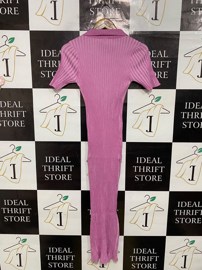 PRINCESS POLLY |M/L| BUST 13| A66| PINK RIBBED KNIT BUTTON-UP SHORT-SLEEVE TECHNICAL UTILITY MIDI DRESS