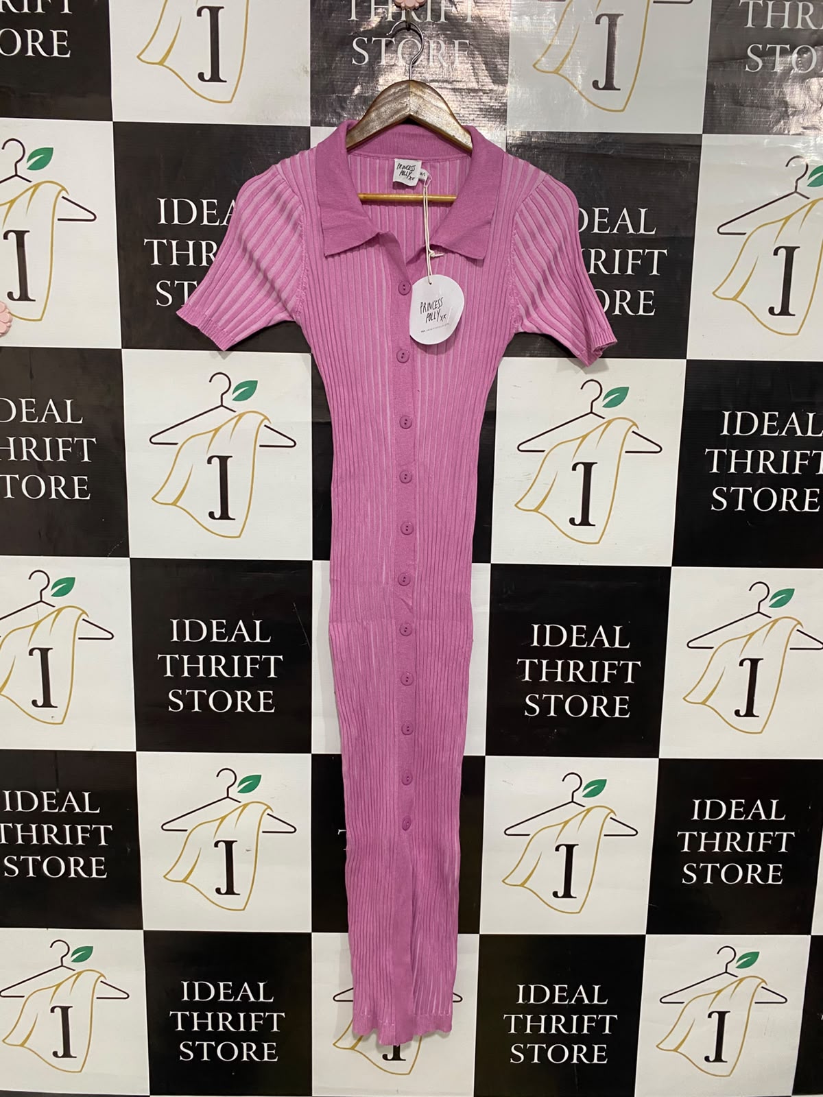PRINCESS POLLY |M/L| BUST 13| A66| PINK RIBBED KNIT BUTTON-UP SHORT-SLEEVE TECHNICAL UTILITY MIDI DRESS