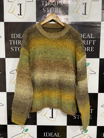 DAZY LESS |M| BUST 23| A66| EARTH-TONE OMBRE GRADIENT CREWNECK LONG-SLEEVE TECHNICAL UTILITY SWEATER
