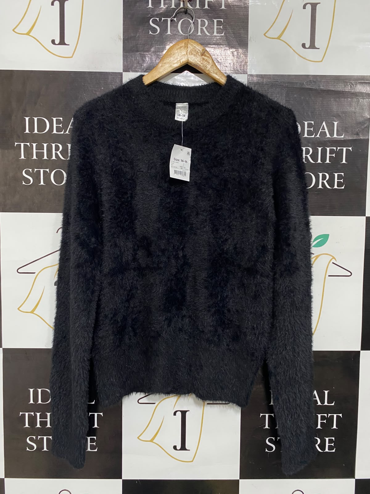 ANKO |L| BUST 19| A66| BLACK FUZZY TEXTURED CREWNECK LONG-SLEEVE TECHNICAL UTILITY SWEATER