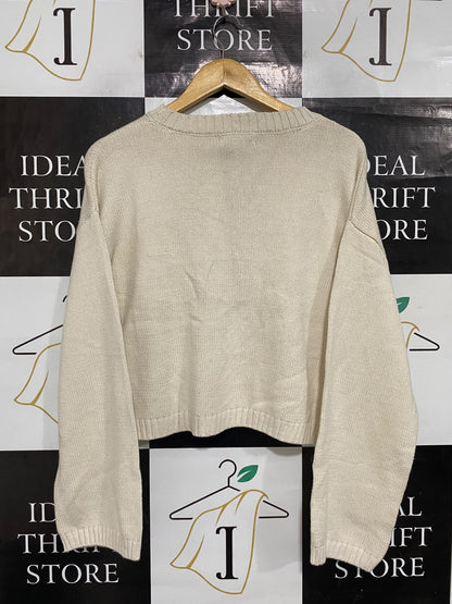SINCERELY JULES |L| BUST 21| A66| BEIGE AND BLACK BOW-ACCENT CREWNECK LONG-SLEEVE TECHNICAL UTILITY SWEATER