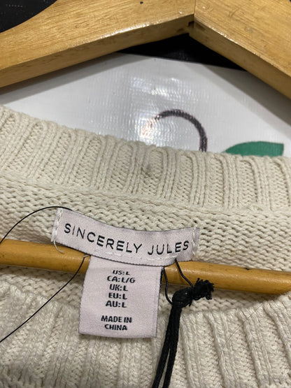 SINCERELY JULES |L| BUST 21| A66| BEIGE AND BLACK BOW-ACCENT CREWNECK LONG-SLEEVE TECHNICAL UTILITY SWEATER