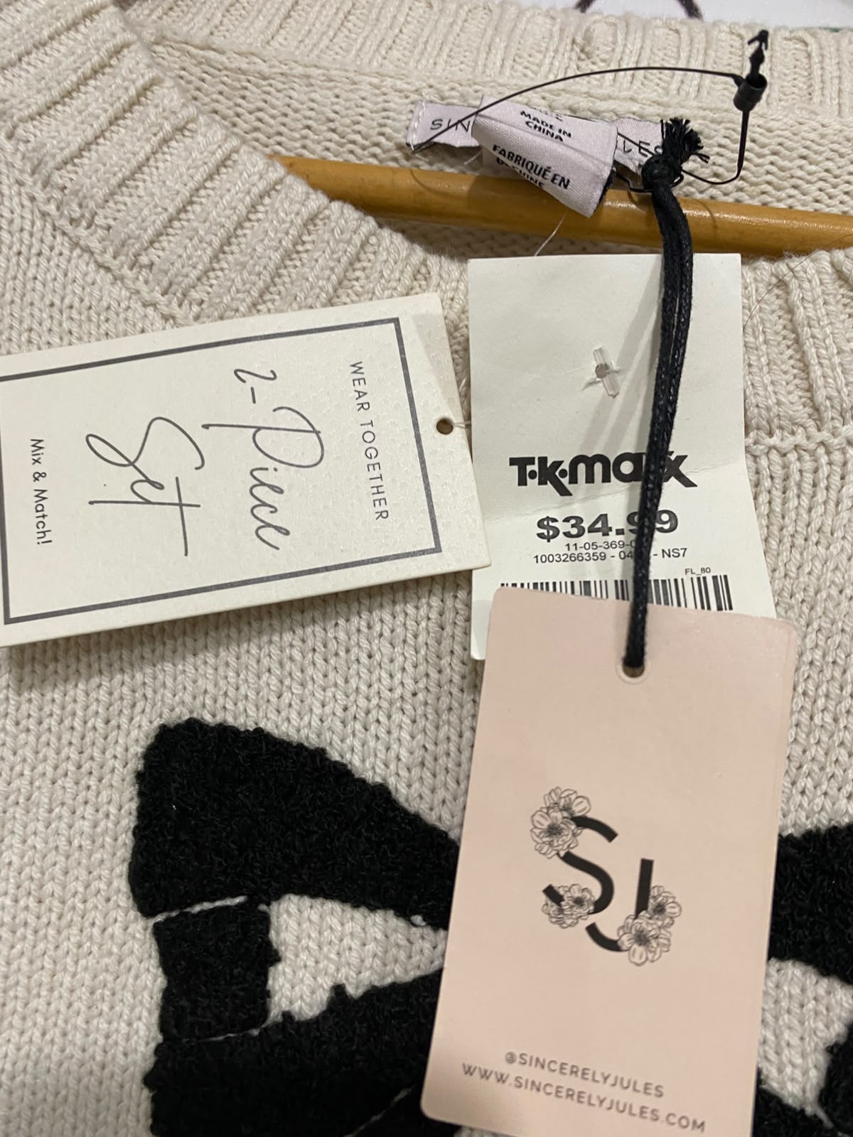 SINCERELY JULES |L| BUST 21| A66| BEIGE AND BLACK BOW-ACCENT CREWNECK LONG-SLEEVE TECHNICAL UTILITY SWEATER