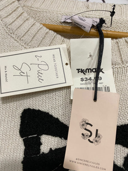 SINCERELY JULES |L| BUST 21| A66| BEIGE AND BLACK BOW-ACCENT CREWNECK LONG-SLEEVE TECHNICAL UTILITY SWEATER