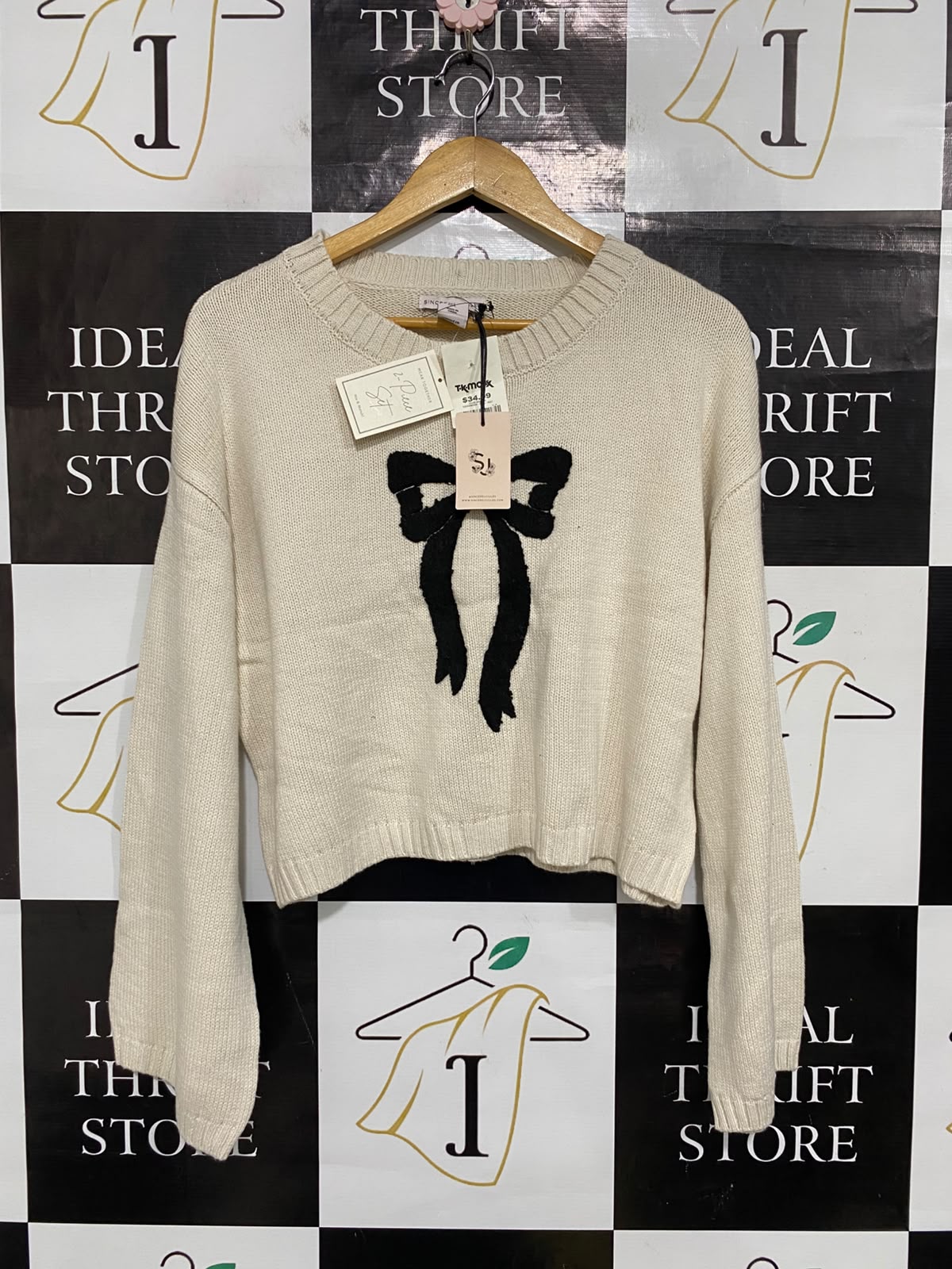 SINCERELY JULES |L| BUST 21| A66| BEIGE AND BLACK BOW-ACCENT CREWNECK LONG-SLEEVE TECHNICAL UTILITY SWEATER