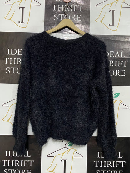 |S| BUST 21| A66| BLACK FUZZY TEXTURED V-NECK BUTTON-UP LONG-SLEEVE TECHNICAL UTILITY CARDIGAN