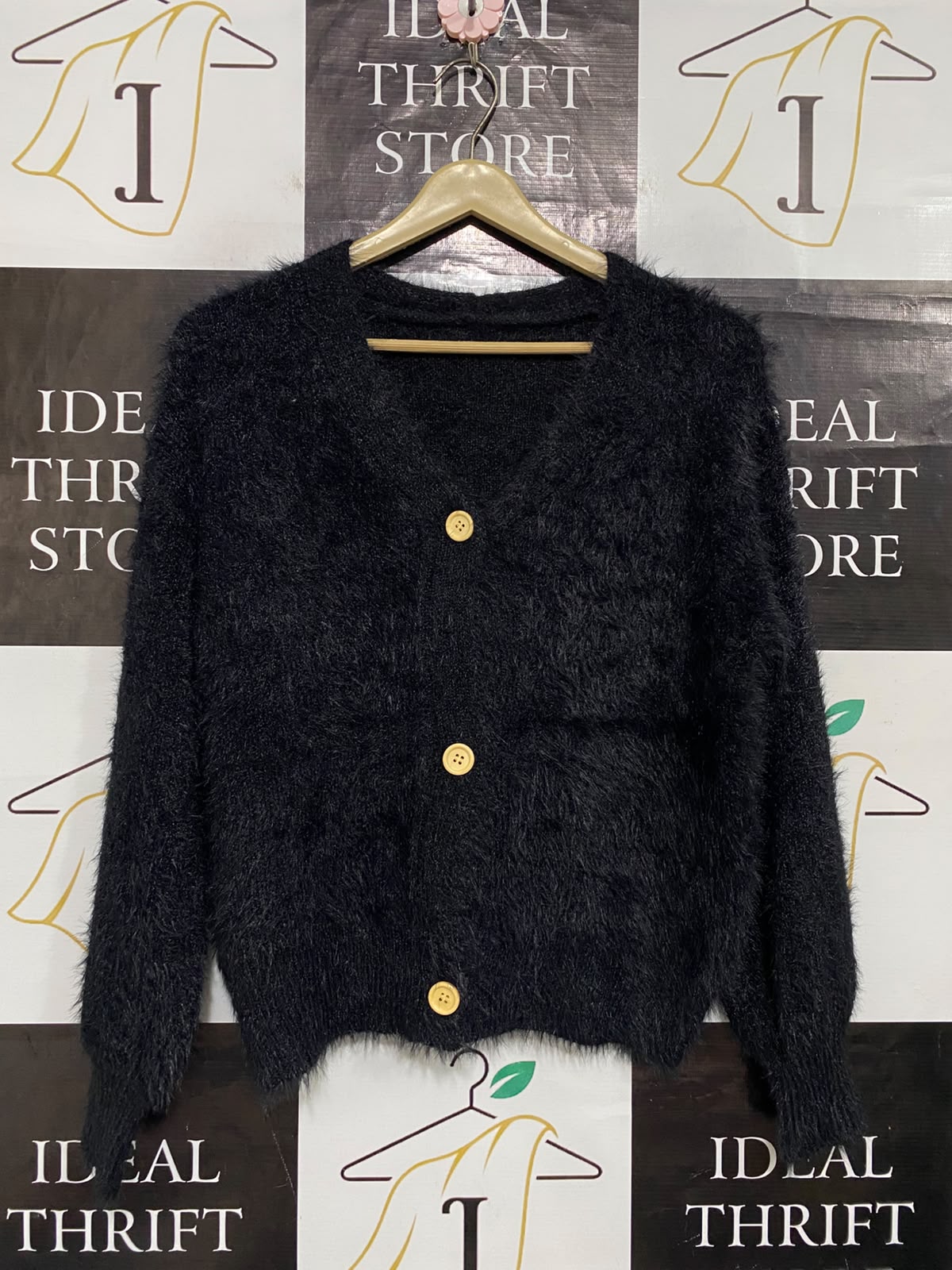 |S| BUST 21| A66| BLACK FUZZY TEXTURED V-NECK BUTTON-UP LONG-SLEEVE TECHNICAL UTILITY CARDIGAN