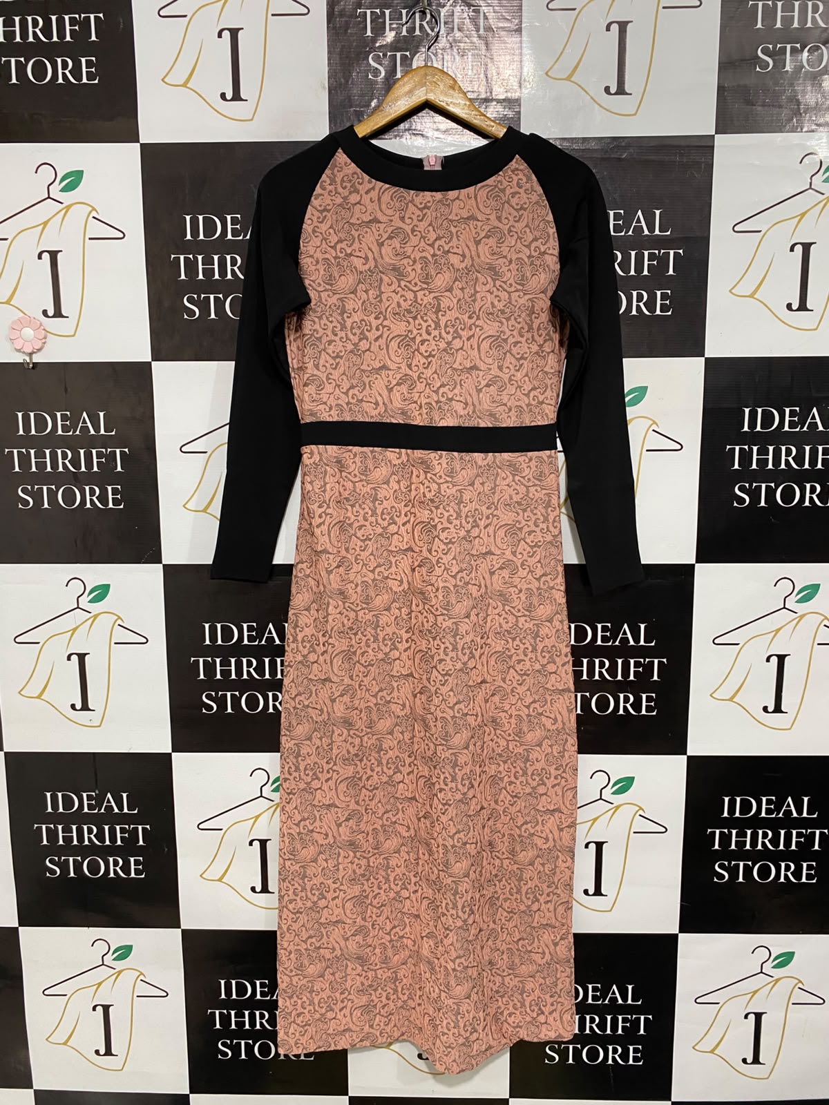 SEVENTEEN |S| BUST 17| A66| BLACK AND PEACH PRINTED LONG-SLEEVE TECHNICAL UTILITY MIDI DRESS