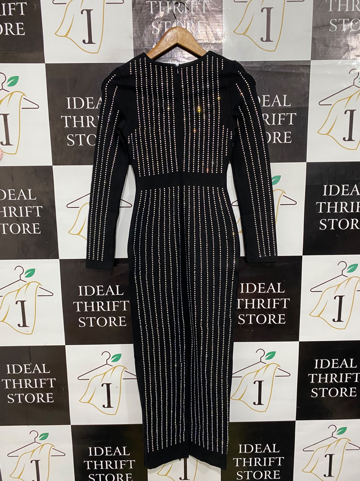 TOXIC ENVY |S| BUST 14| A66| BLACK STUDDED VERTICAL-STRIPE LONG-SLEEVE TECHNICAL UTILITY MIDI DRESS