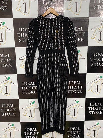 TOXIC ENVY |S| BUST 14| A66| BLACK STUDDED VERTICAL-STRIPE LONG-SLEEVE TECHNICAL UTILITY MIDI DRESS