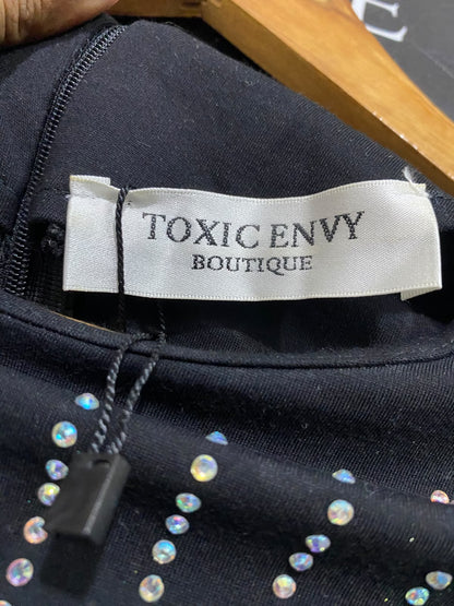 TOXIC ENVY |S| BUST 14| A66| BLACK STUDDED VERTICAL-STRIPE LONG-SLEEVE TECHNICAL UTILITY MIDI DRESS