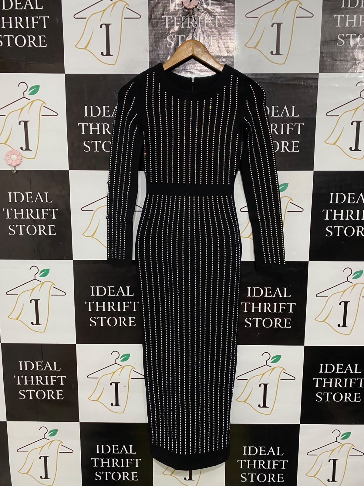 TOXIC ENVY |S| BUST 14| A66| BLACK STUDDED VERTICAL-STRIPE LONG-SLEEVE TECHNICAL UTILITY MIDI DRESS