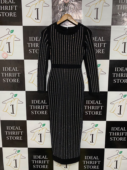 TOXIC ENVY |S| BUST 14| A66| BLACK STUDDED VERTICAL-STRIPE LONG-SLEEVE TECHNICAL UTILITY MIDI DRESS
