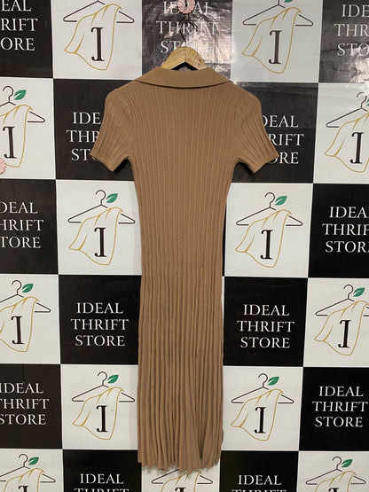 COUNTRY ROAD |XS| BUST 13| A66| CAMEL RIBBED KNIT BUTTON-UP SHORT-SLEEVE  MIDI DRESS