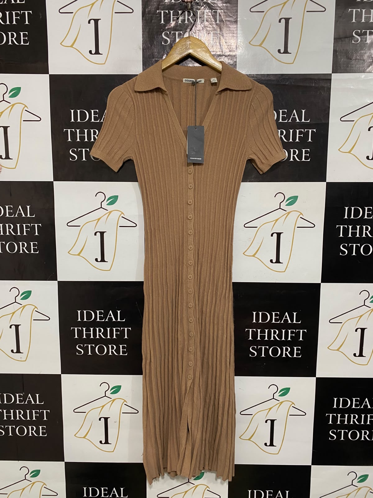 COUNTRY ROAD |XS| BUST 13| A66| CAMEL RIBBED KNIT BUTTON-UP SHORT-SLEEVE  MIDI DRESS