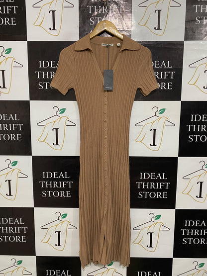 COUNTRY ROAD |XS| BUST 13| A66| CAMEL RIBBED KNIT BUTTON-UP SHORT-SLEEVE  MIDI DRESS