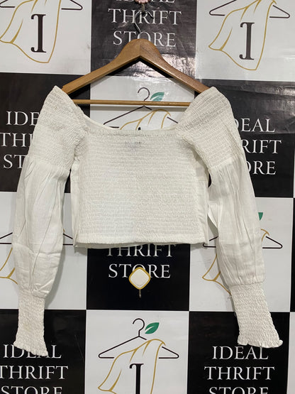 BOOHOO |S| BUST 14| A65| WHITE OFF-SHOULDER SMOCKED LONG-SLEEVE  CROP TOP
