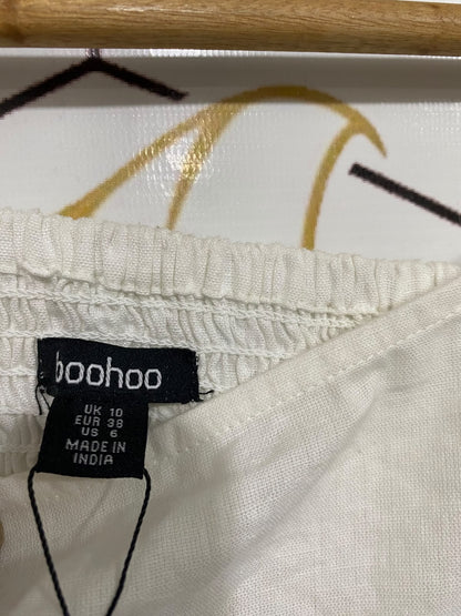 BOOHOO |S| BUST 14| A65| WHITE OFF-SHOULDER SMOCKED LONG-SLEEVE  CROP TOP