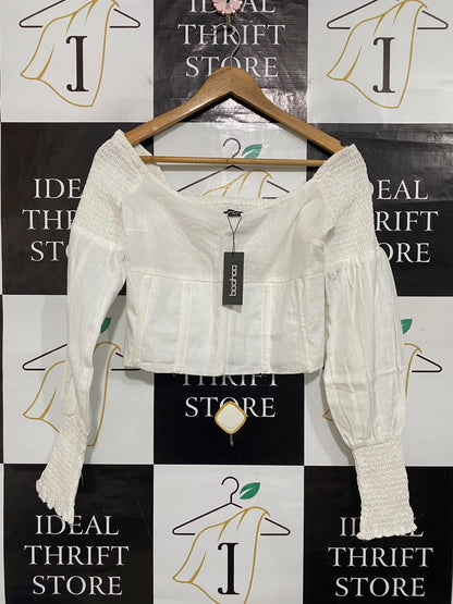 BOOHOO |S| BUST 14| A65| WHITE OFF-SHOULDER SMOCKED LONG-SLEEVE  CROP TOP