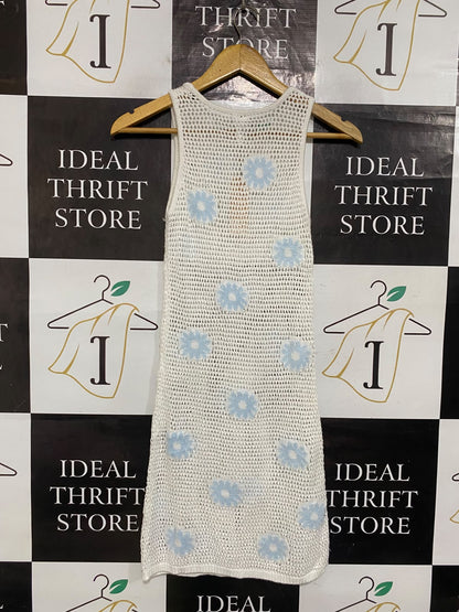 ANKO |XS| BUST 12| A65| WHITE AND BLUE FLORAL CROCHET SLEEVELESS  MIDI DRESS