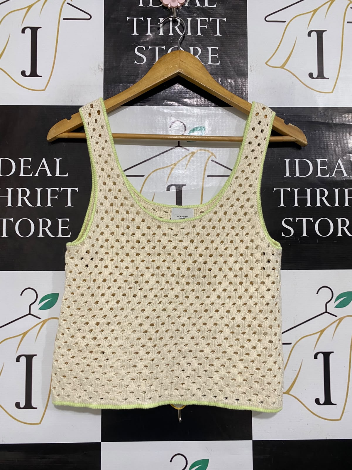 ACADEMY |XS| BUST 15| A65| CREAM AND LIME OPEN-KNIT SLEEVELESS  TANK TOP