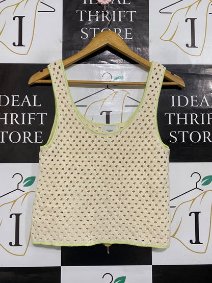 ACADEMY |XS| BUST 15| A65| CREAM AND LIME OPEN-KNIT SLEEVELESS  TANK TOP