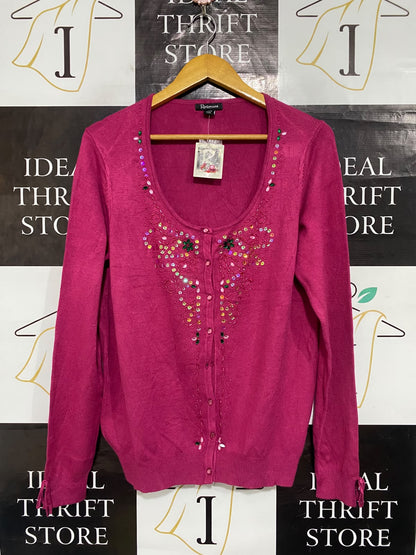 ROCKMANS |XL| BUST 20| A65| MAGENTA EMBELLISHED BUTTON-UP LONG-SLEEVE  CARDIGAN