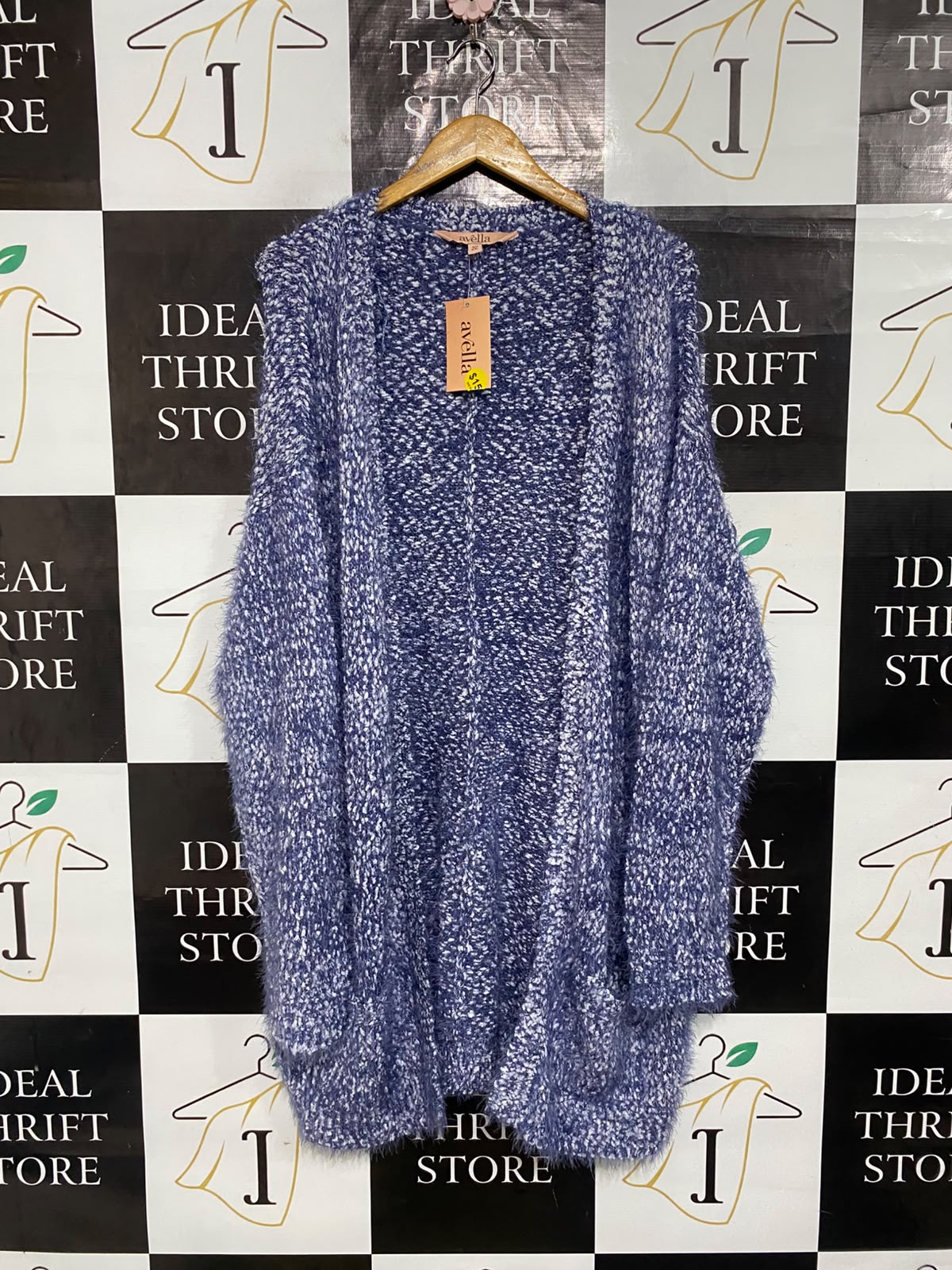 AVELLA |XL| BUST 24| A65| BLUE AND WHITE MARLED FUZZY OPEN-FRONT CARDIGAN