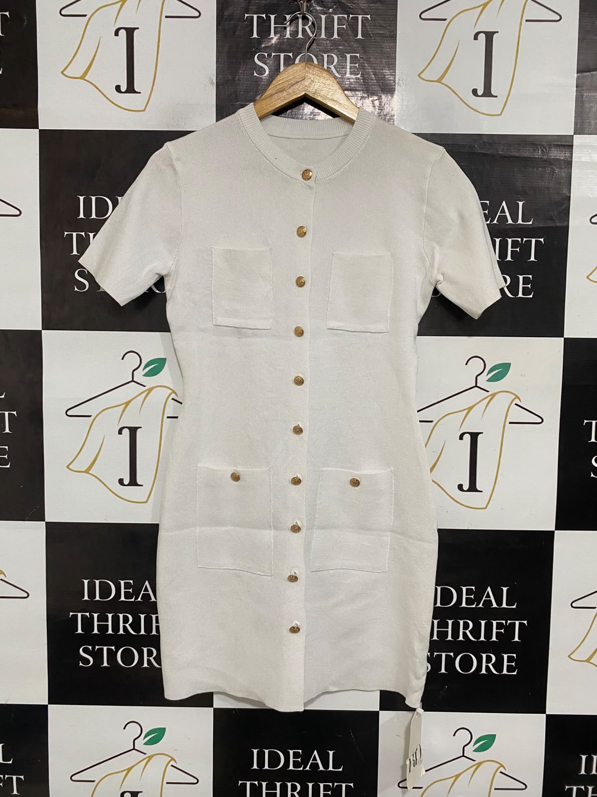 RD |M| BUST 17| A65| WHITE GOLD-BUTTON SHORT-SLEEVE MINI DRESS