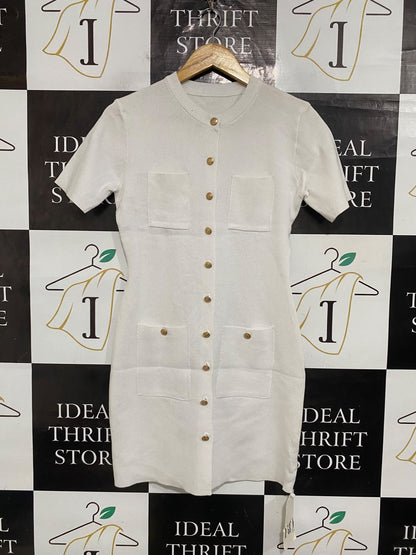 RD |M| BUST 17| A65| WHITE GOLD-BUTTON SHORT-SLEEVE MINI DRESS
