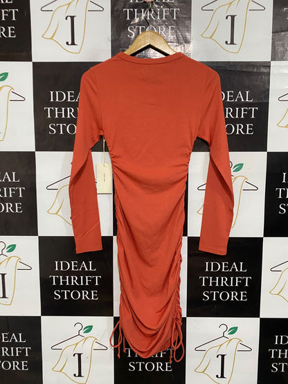FIRST MSE |M| BUST 12| A65| TERRACOTTA RUCHED DRAWSTRING LONG-SLEEVE  MIDI DRESS