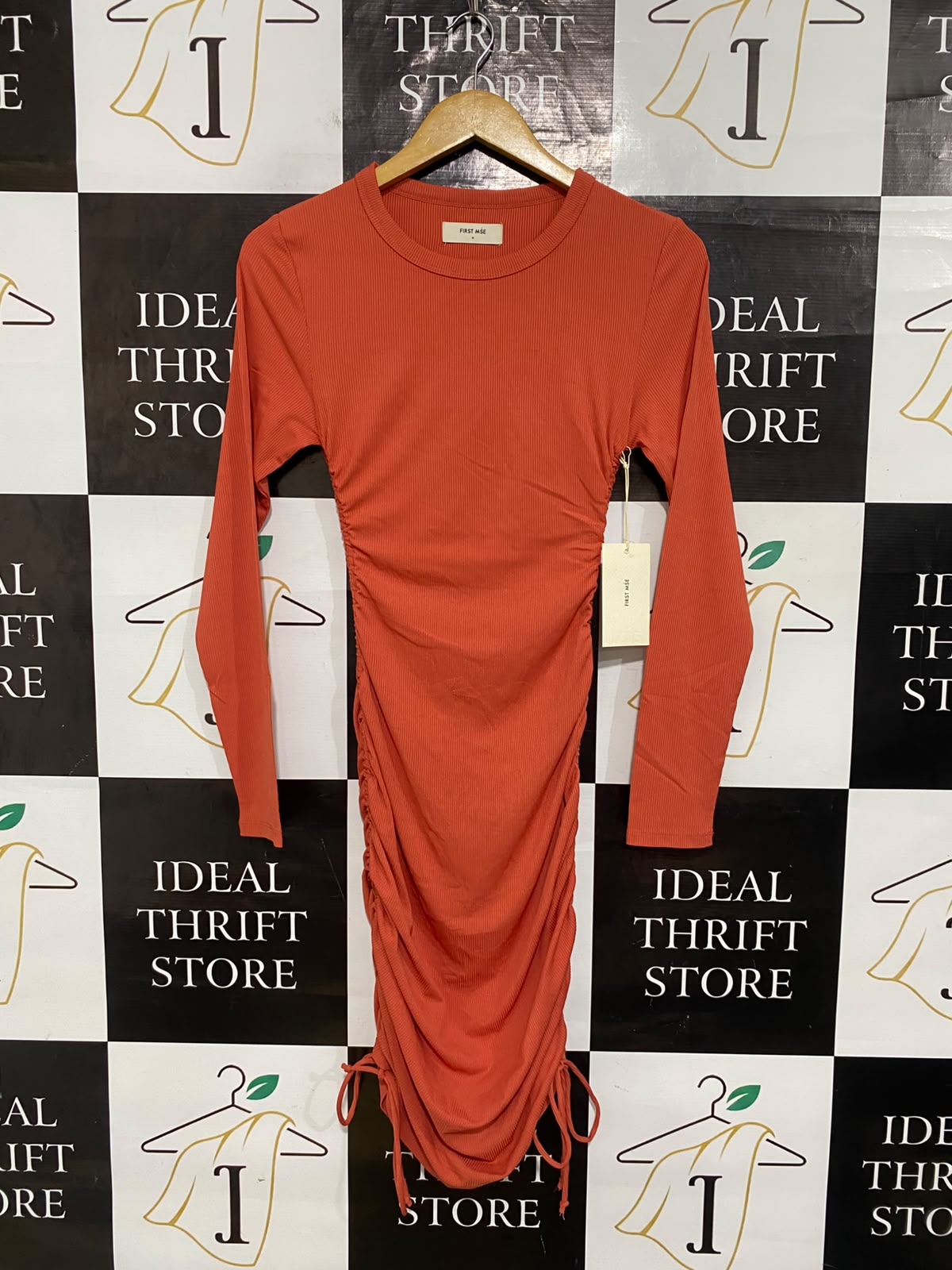 FIRST MSE |M| BUST 12| A65| TERRACOTTA RUCHED DRAWSTRING LONG-SLEEVE  MIDI DRESS