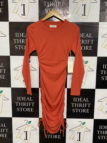 FIRST MSE |M| BUST 12| A65| TERRACOTTA RUCHED DRAWSTRING LONG-SLEEVE  MIDI DRESS