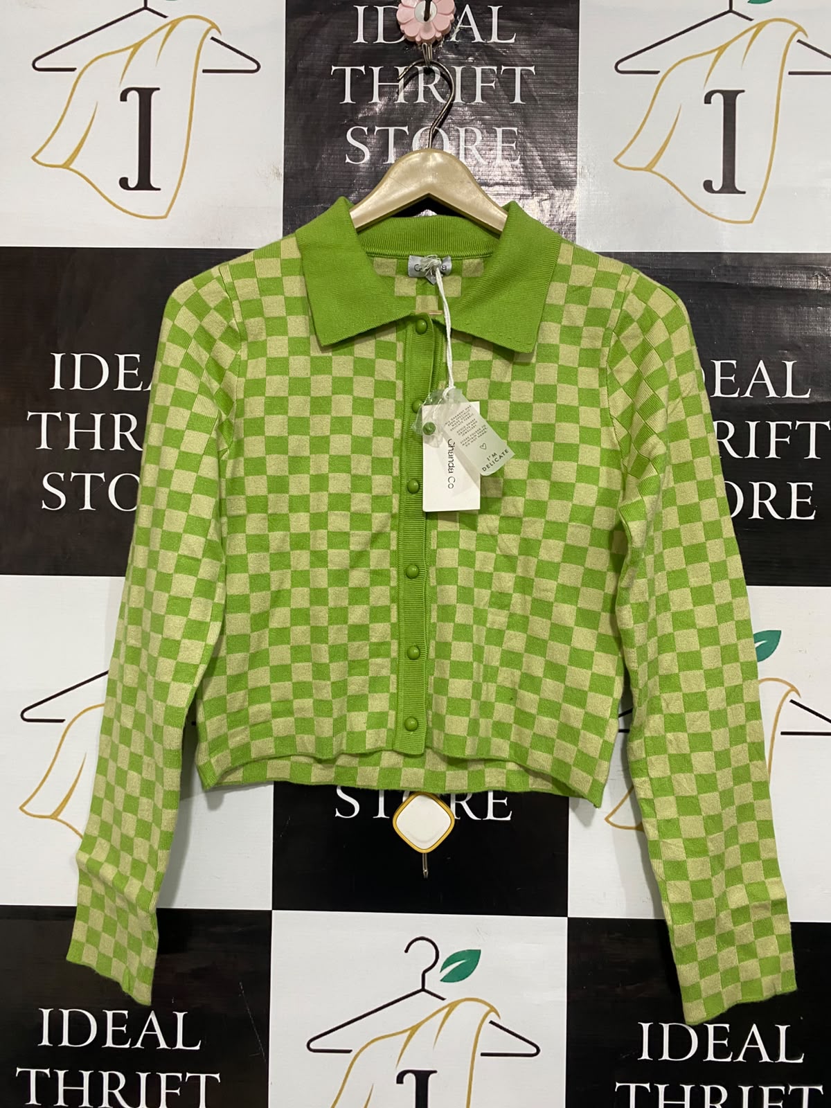 CHANDA |S| BUST 16| A65| LIME GREEN CHECKERED COLLARED LONG-SLEEVE  CARDIGAN