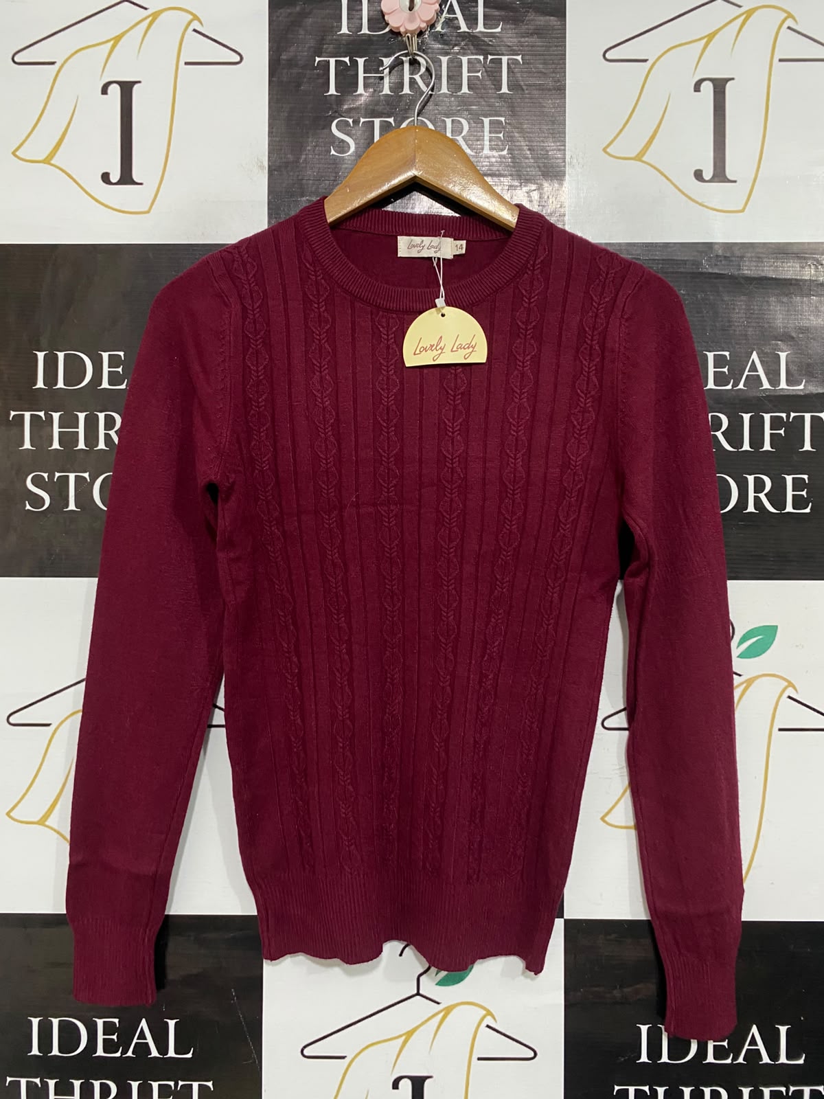 LOVELY LADY |S| BUST 15| A65| BURGUNDY CABLE-KNIT LONG-SLEEVE  SWEATER