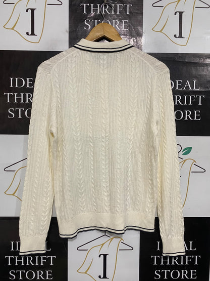 SPORTS CRAFT |XS| BUST 19| A65| CREAM AND NAVY STRIPED CABLE-KNIT COLLARED LONG-SLEEVE TECHNICAL UTILITY SWEATER